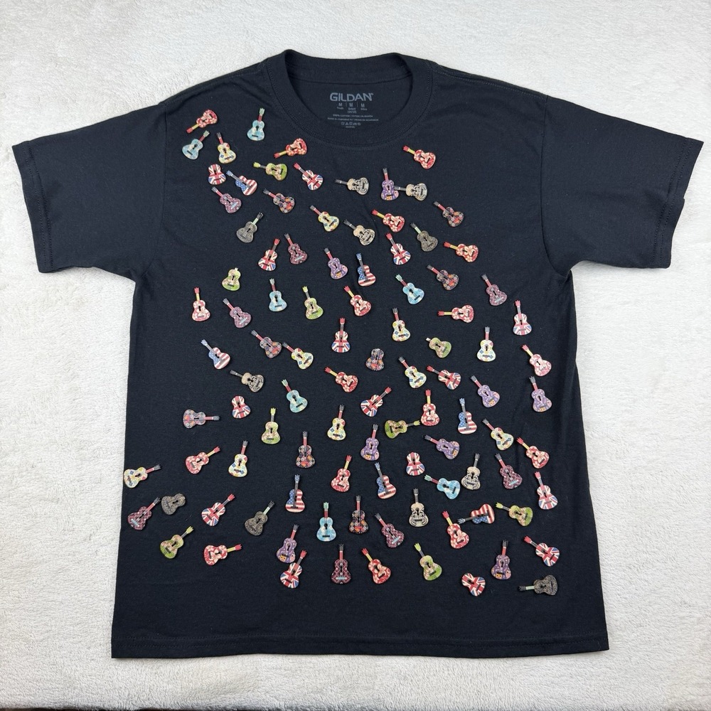 Gilden Youth T-shirt Customized With Small Wooden Guitars Sewn On. ONE OF A KIND